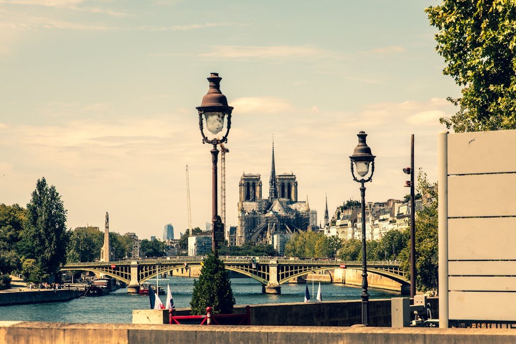 View of Notre Dame Cathedral and the Seine River from a Parisian street with vintage lampposts.